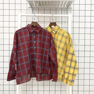 Áo sơ mi oversize caro high low