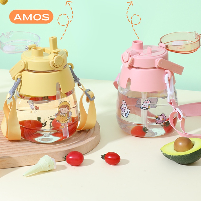 Bình nước có ống hút AMOS dung tích 1,3L chịu nhiệt thiết kế quai đeo chéo tiện lợi