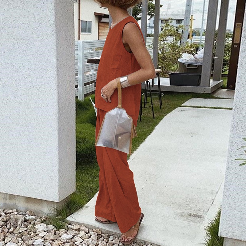 Bộ Áo thun ZANZEA không tay và Quần dài ống rộng nữ tính