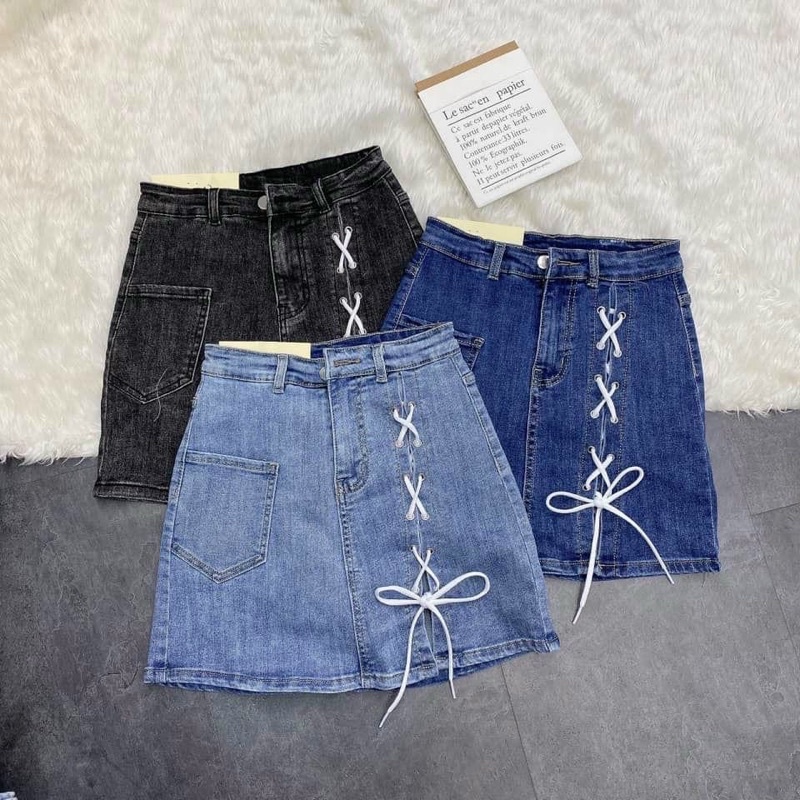 [ĐỦ 4 MÀU] Chân Váy Jean Aiori Cao Cấp Lưng Cao Chất Vải Co Giãn Có Quần Váy Buộc Chéo Dây Xinh Xắn