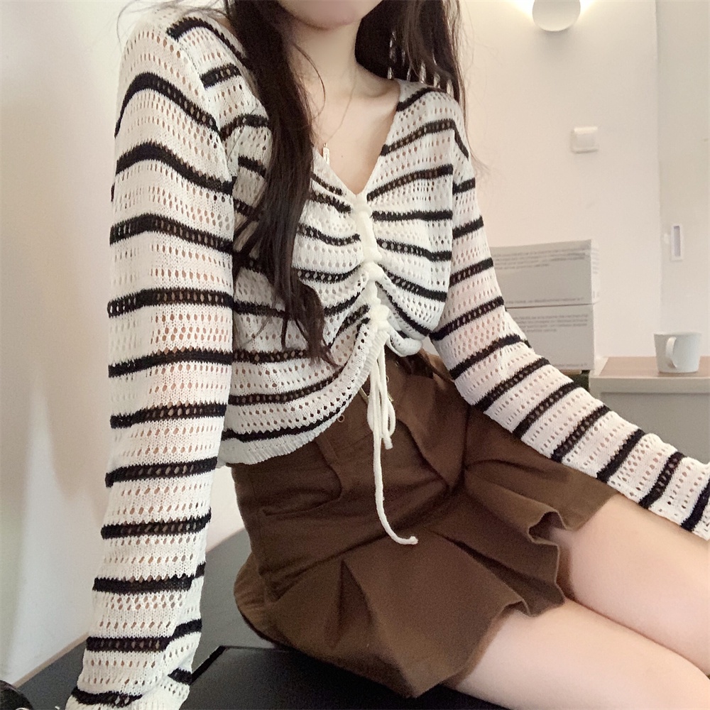 Áo Croptop Dệt Kim Kẻ Sọc Thời Trang Mùa Thu Hàn Quốc Cho Nữ
