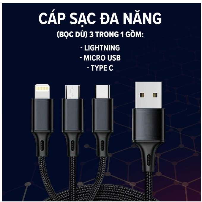 Dây Cáp Sạc 3 Đầu Đa Năng 3A dài 1.2m Thông Minh Dây Dù Cực Bền | Dây Sạc 3 in 1