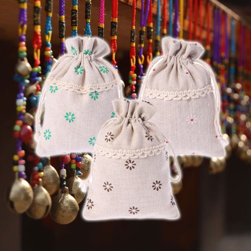 Túi Dây Rút Vải Lanh Cotton Đựng Kẹo Trang Sức Họa Tiết Giáng Sinh Giá Đỡ