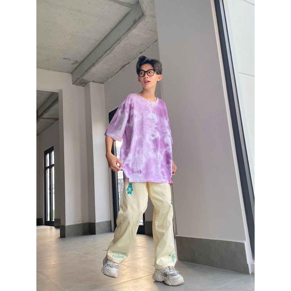 Áo Thun Nam Nữ From Rộng Tay Lỡ - Ủn Ủn Meo Meo® Chất Liệu Vải Thun Cotton 100% - Wash Tiedye Tím In Nhung Trắng