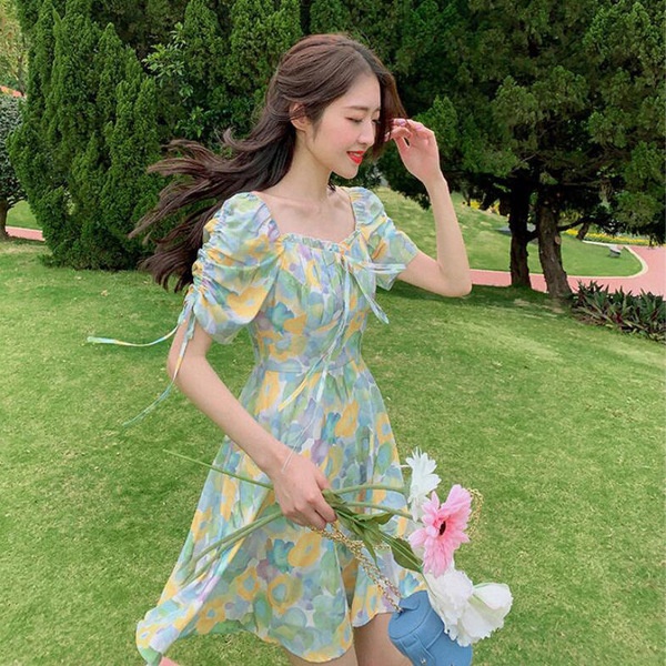 Đầm Chữ A Tay Ngắn Cổ Vuông Eo Cao Màu Nhuộm Xanh Lá In Họa Tiết Hoa Thắt Nơ Cho Nữ