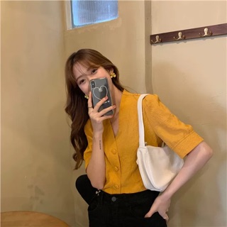 [Order] áo sơmi cổ V nút bọc ulzzang