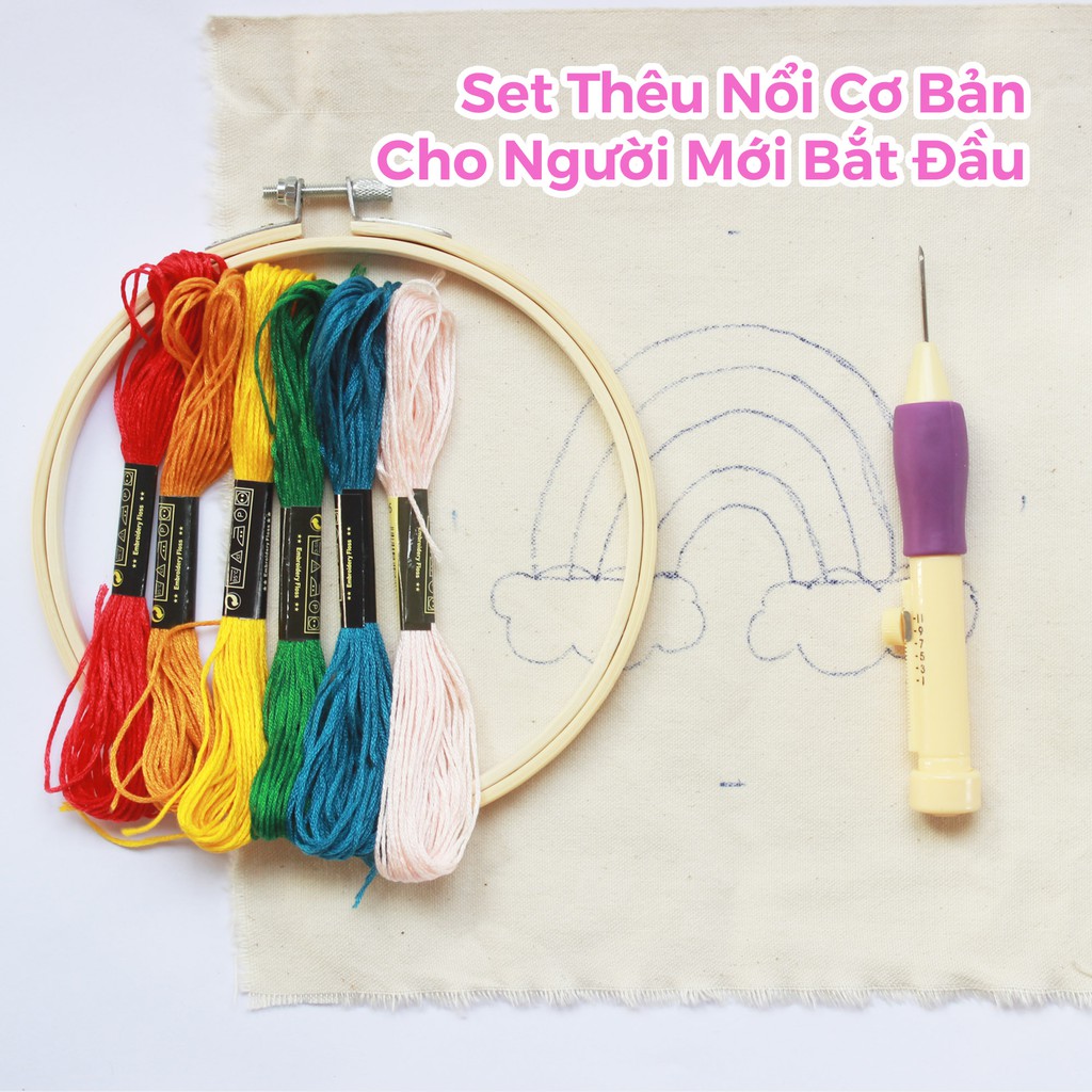 Kim Thêu Nổi Thêu Xù Punch Needle Set Cầu Vồng Dùng Len Đan Móc và Chỉ Thêu Đầy Đủ Dụng Cụ Cho Người Mới Bắt Đầu