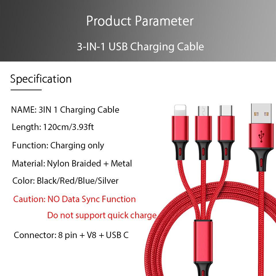 2.3A Fast USB Charging Phone Cable 3 in 1 USB Type-C IOS Light Charging Cable For iPhone Oppo Redmi