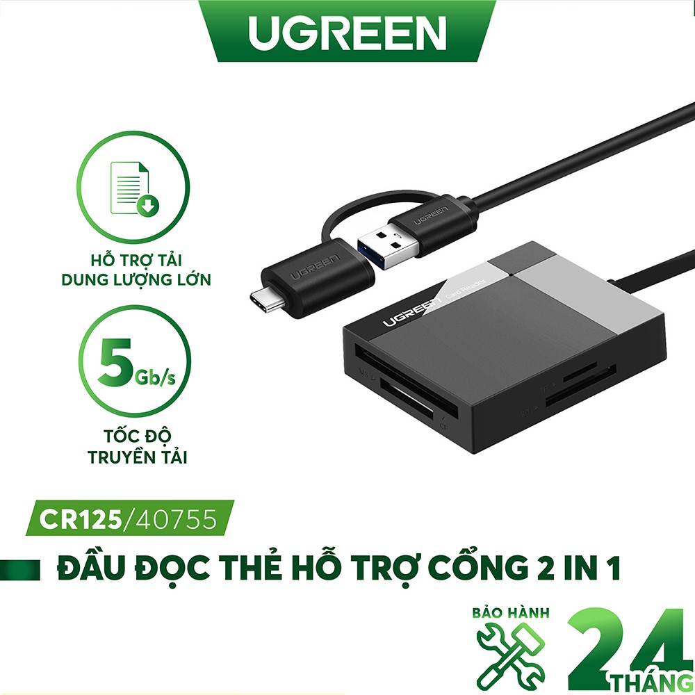 Đầu đọc thẻ hỗ trợ cổng 2 in 1 USB 3.0 / USB type C cho thẻ CF / SD / MS / TF chức năng OTG dài 50cm UGREEN CR125