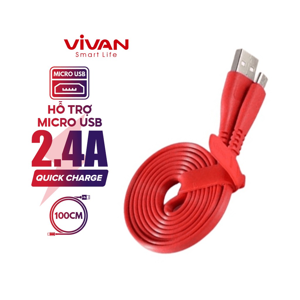 Cáp Sạc Truyền Dữ Liệu Micro VIVAN CSM100S Nhựa PVC Dẹt 1m - BẢO HÀNH 1 ĐỔI 1 CHÍNH HÃNG + GIAO MÀU NGẪU NHIÊN