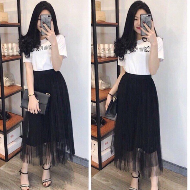 Chân váy lưới xòe cạp chun, Chân váy dáng dài CV905 - Dài 73cm - NhiNhiShop