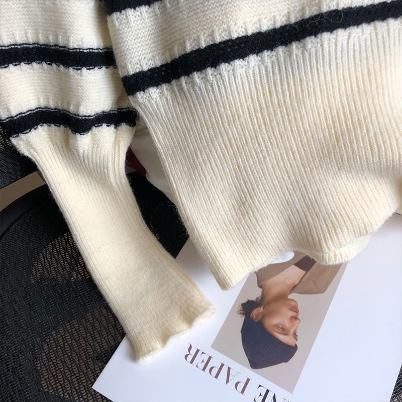 Áo sweater Dệt Kim Cổ Vuông Họa Tiết Kẻ Sọc Màu Sắc Tương Phản Thời Trang Mùa Thu Cho Nữ