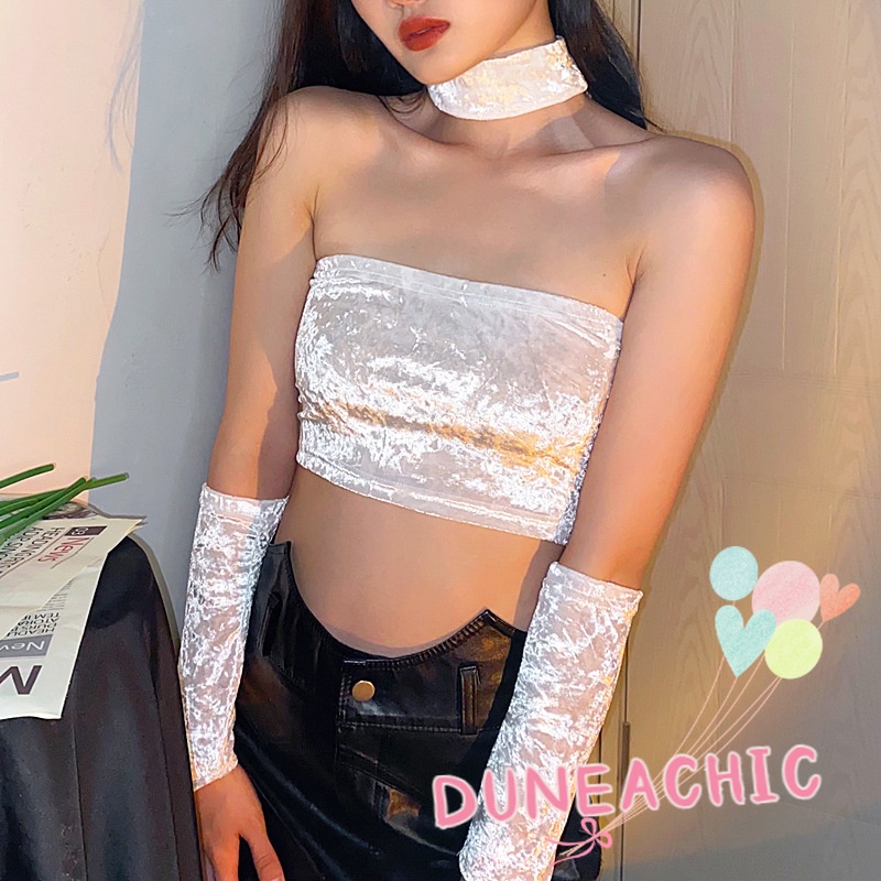 DUNEA Áo Ống Da Lộn Đính Hạt Quyến Rũ Cho Nữ