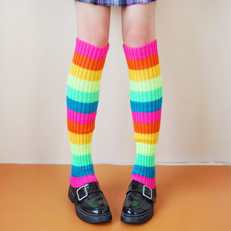 ✿ Vỏ Bọc Chân Dệt Kim Giữ Ấm Chân Kẻ Sọc Nhiều Màu Neon Phong Cách Retro Những Năm 80 Cho Nữ
