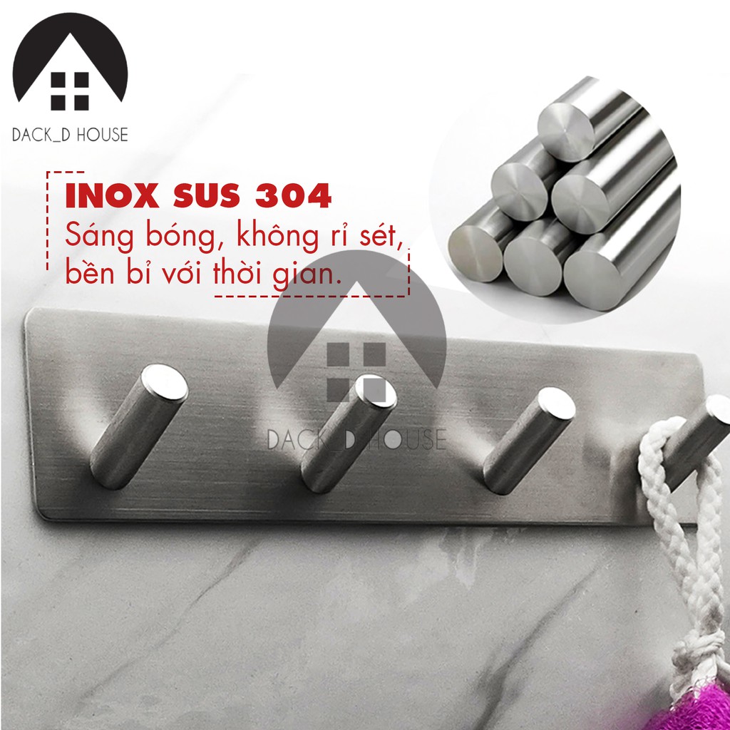 Móc treo quần áo inox Dack D Hous 4 chấu, inox 304 không rỉ sét, kèm keo 3M dán tiện lợi, gia dụng cao cấp