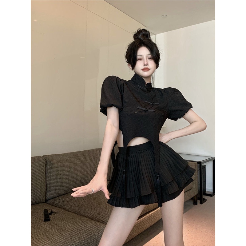 Small fresh sweet bubble sleeve top design sense female niche advanced sense super good looking small stand collar buckle shirt female RayS