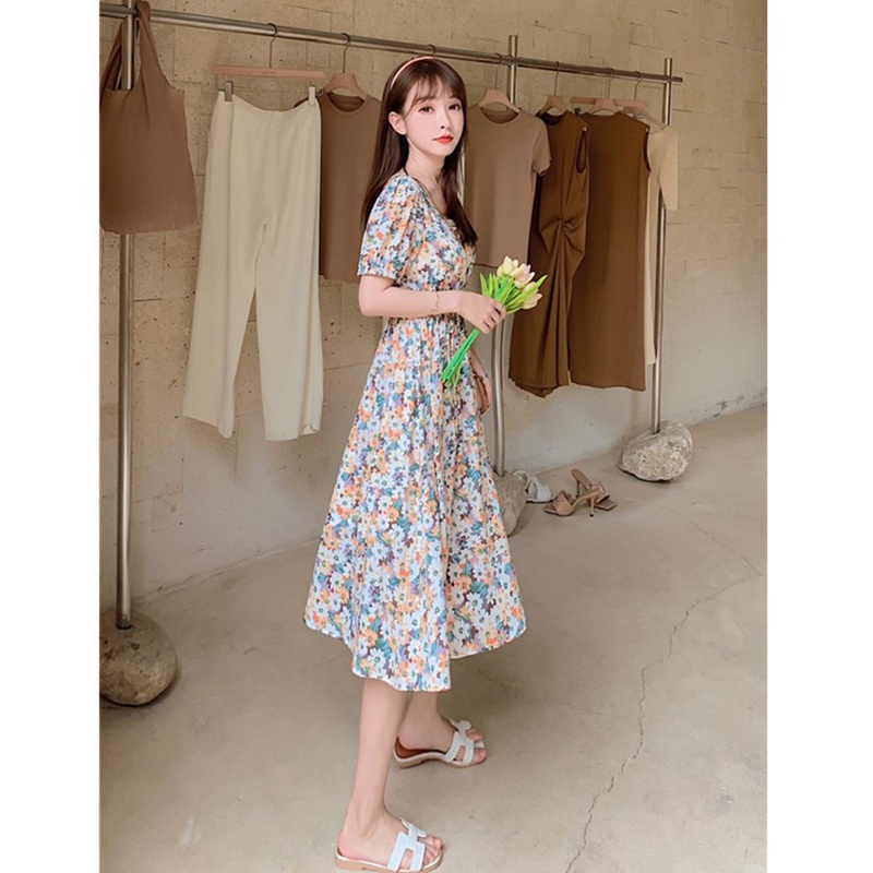 Đầm lửng IELGY tay ngắn cổ vuông dáng ôm size lớn họa tiết hoa