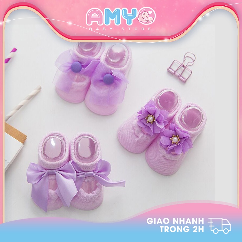 Giày em bé gái sơ sinh 0 12 tháng set giày len đế mềm đồ sơ sinh bé gái AMYO 12.GM02.01-3
