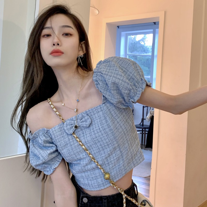 Áo Croptop Cổ Vuông Tay Phồng Họa Tiết Sọc Caro Màu Tím Ngọt Ngào Thời Trang Mùa Hè Cho Nữ