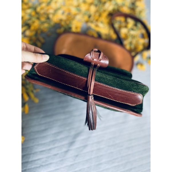 SALE- túi si da lộn phối da mộc xanh rêu