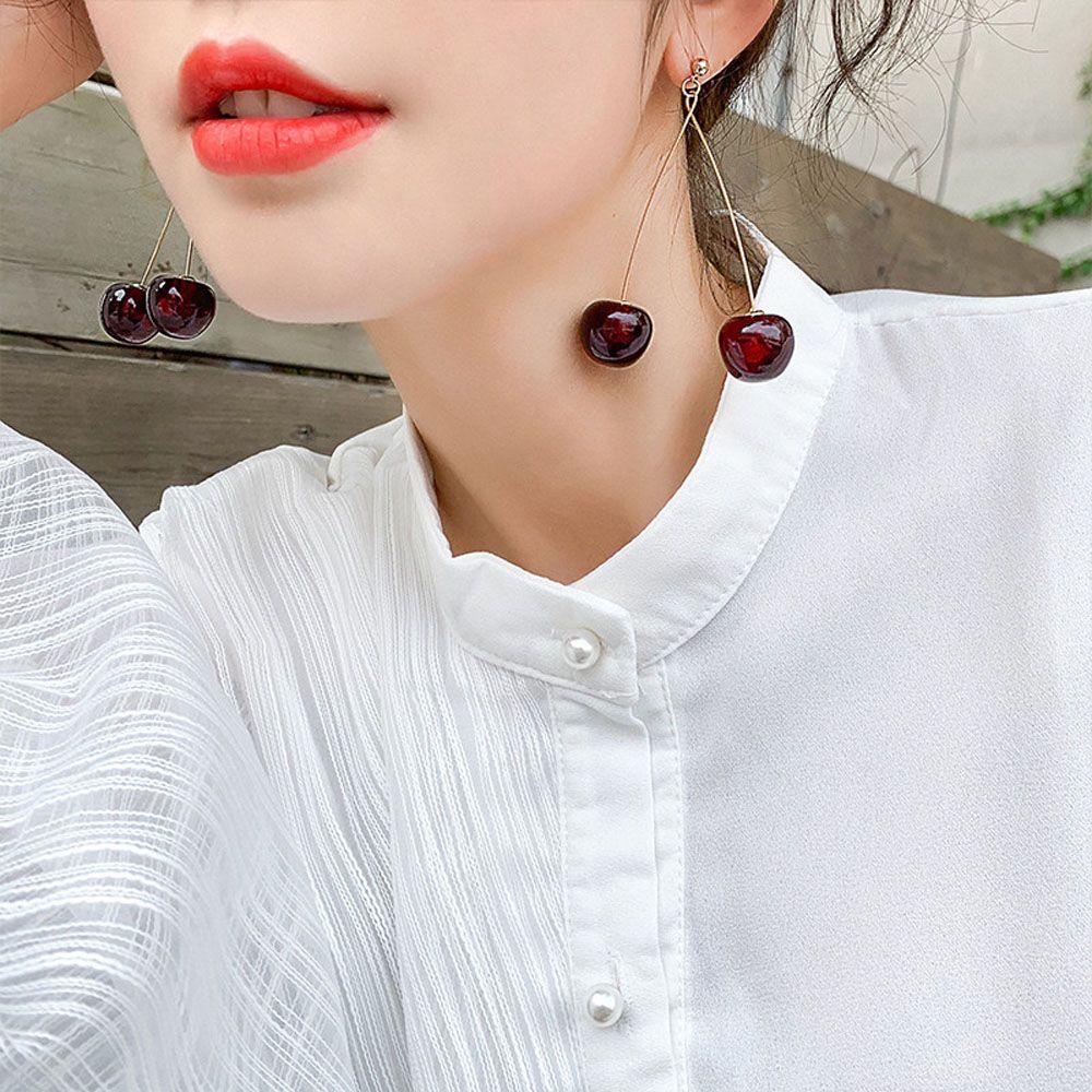 USNOW 1 Đôi Bông Tai Dáng Dài Hình Trái Cherry Đỏ Thời Trang Cho Nữ