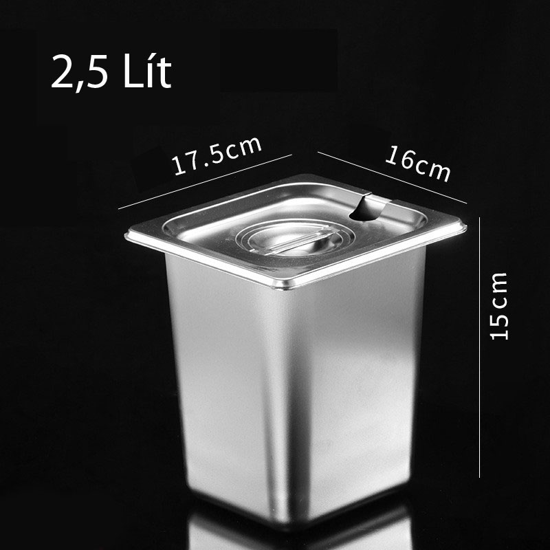 Combo 3 Khay Inox Đựng Thạch Topping Đựng Thực Phẩm Vuông GN 1/6 (Có Nắp)