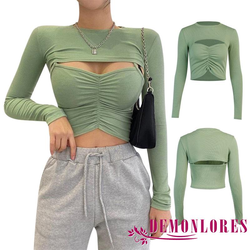 Set áo thun tay dài cổ tròn màu trơn phối áo khoác ngoài không tay thời trang cho nữ