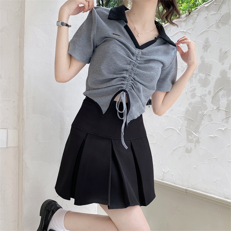 Porozi  Áo Thun Tay Ngắn Dáng Ôm Phối Dây Rút Phong Cách Hàn Quốc Thời Trang Cho Nữ