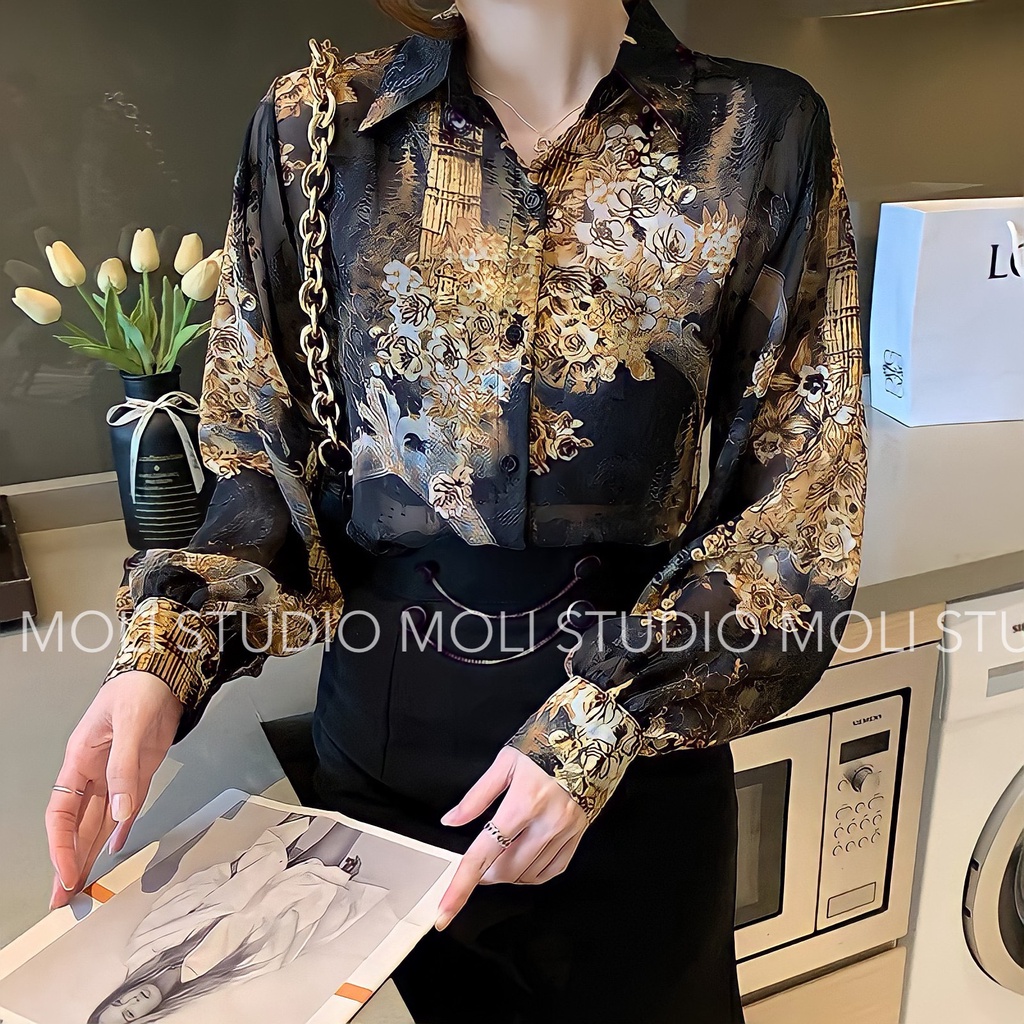 Áo sơ mi lụa Lalin Quảng Châu Cao Cấp Tay Phồng Vạt Đuôi Tôm Mã M1 Siêu Xịn