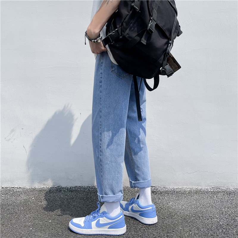 Quần jean baggy xanh nam, nữ ống rộng, dáng suông, không phai màu-A05