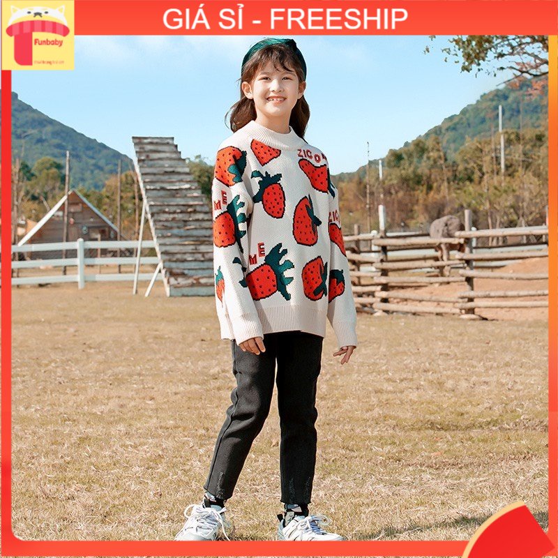 Áo len kiểu cho bé gái xuất Hàn, Áo len lông thỏ trẻ em nữ 4-10 tuổi đáp hình và đính nơ nhiều màu đanh sợi không bai xù