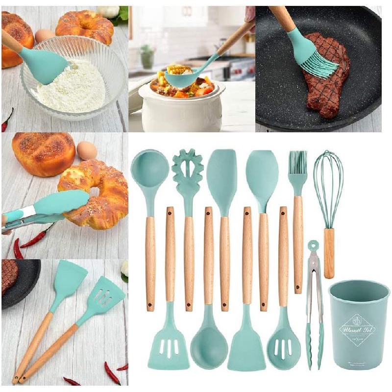 Set 12 dụng cụ nấu ăn ANAEAT silicone chống dính tay cầm bằng gỗ sử dụng trong nhà bếp