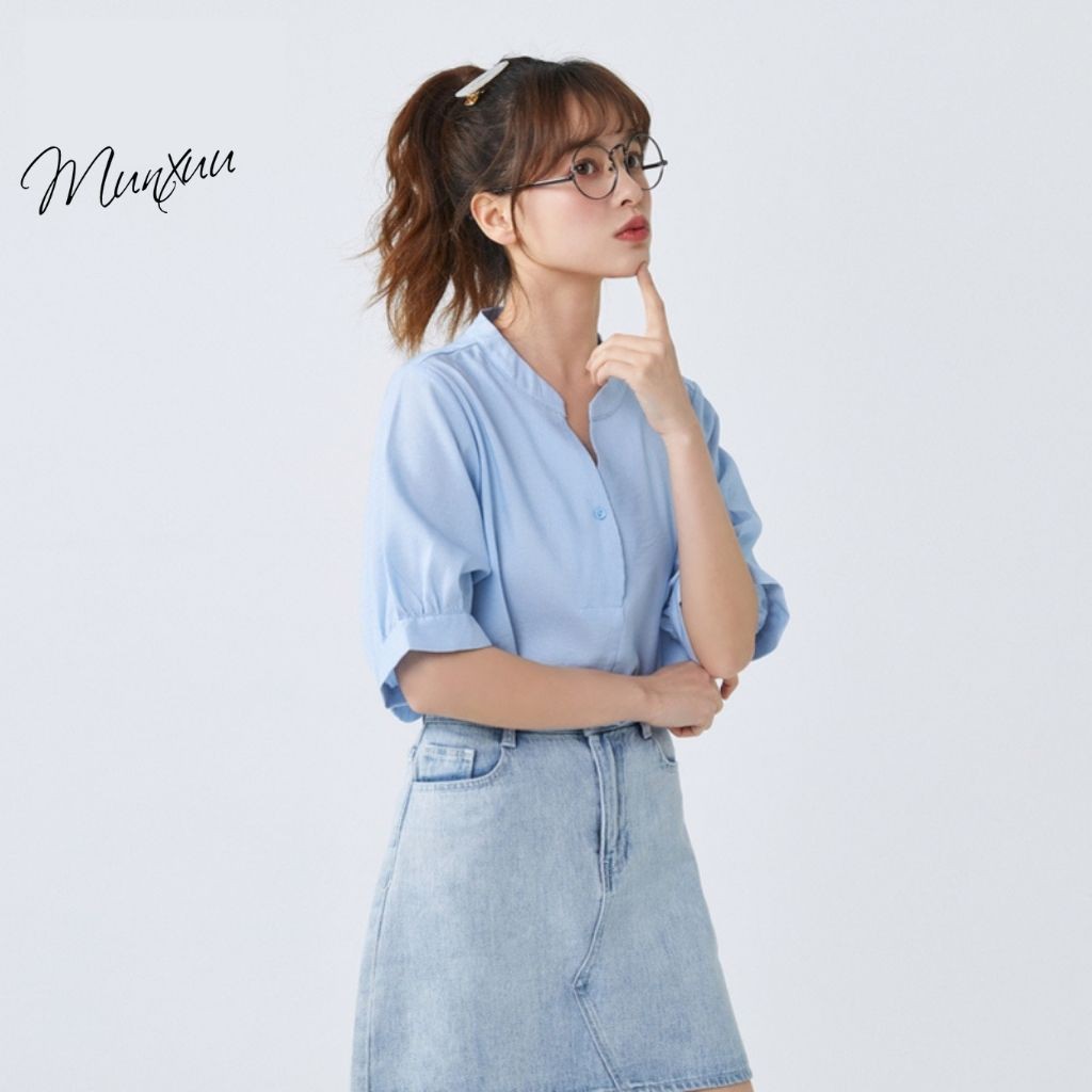Áo sơ mi nữ MUNXUU thiết kế tay lỡ bồng nhẹ trẻ trung, chất vải Kate kẻ tăm xanh thời trang thiết kế - TK20.44