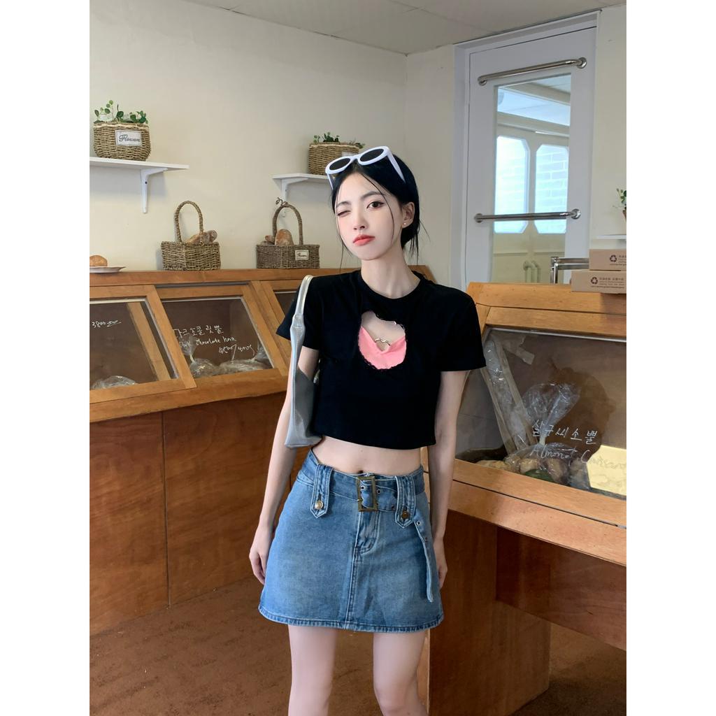 Áo Thun Crop Top Nữ Cổ Tròn Ngắn Tay Khoét Lỗ Hình Trái Tim Gợi Cảm Mùa Hè Mới
