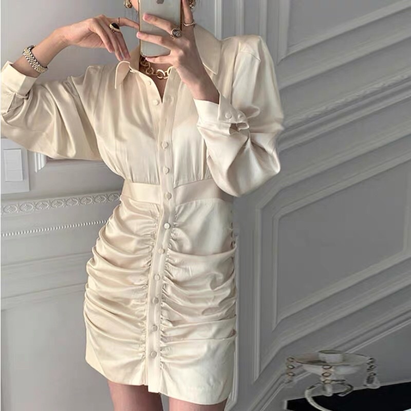 VÁY SƠ MI DÀI TAY DÁNG ÔM BODY NHÚN TRƯỚC PHONG CÁCH HÀN QUỐC