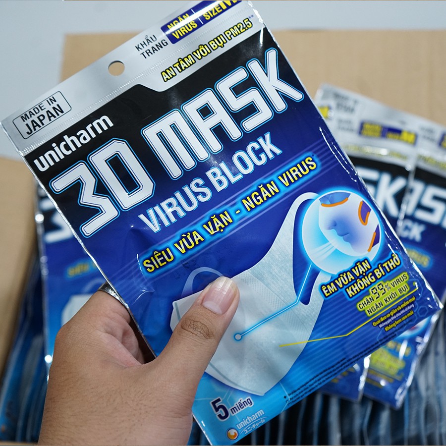 [Combo 10 gói] Khẩu Trang Unicharm 3D Mask Virus Block [NGĂN VIRUT]. Gói 5 miếng size M