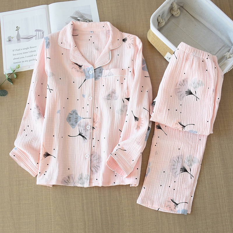 Bộ đồ mặc nhà pijama xô nhật dài tay - mẫu lá bạch quả