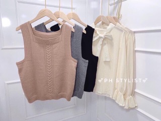 Set áo gile len sơ mi cổ nơ