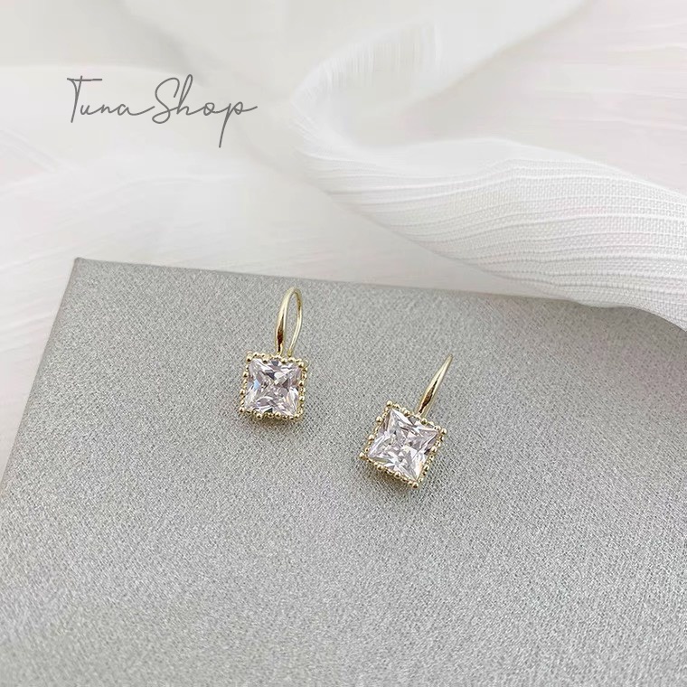 Khuyên tai gắn đá vuông/ Bông tai Bạc cao cấp _ 𝐂𝐚𝐦 𝐤𝐞̂́𝐭 𝐜𝐡𝐮𝐚̂̉𝐧 𝐁𝐚̣𝐜 _ TUNA SILVER