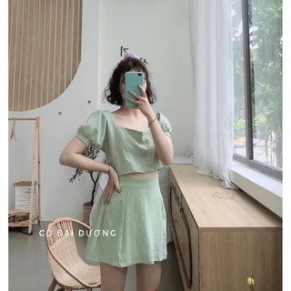 Set Croptop Và chân váy nữ khóa kéo 3 màu cơ bản, set chân váy và áo croptop tay phồng trẻ trung năng động