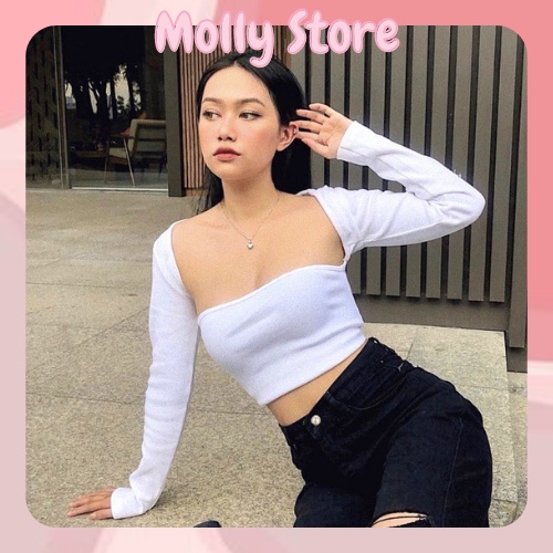 ( AKN61 ) Áo croptop tay dài Molly thun gân cổ vuông khoét nách 2 màu trắng đen