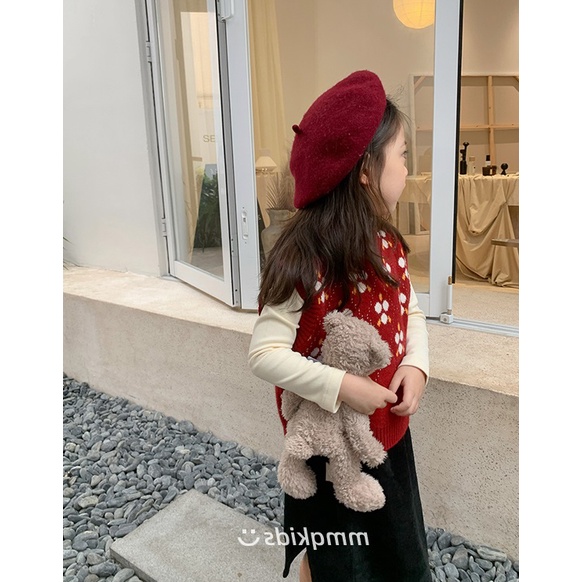 Áo Len Không Tay Cổ Tròn Họa Tiết Hoa Thời Trang Thu Đông Cho Bé