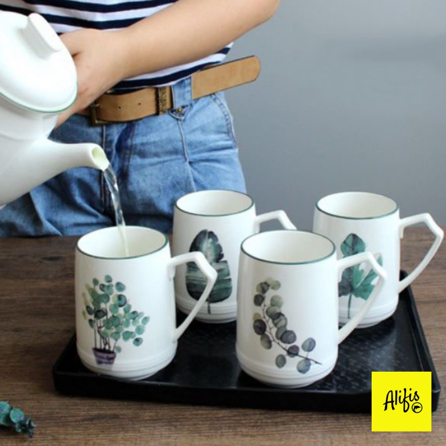 Bộ ấm trà, bộ ấm trà bằng gốm kèm khay và 4 cốc họa tiết cây lá nhiệt đới