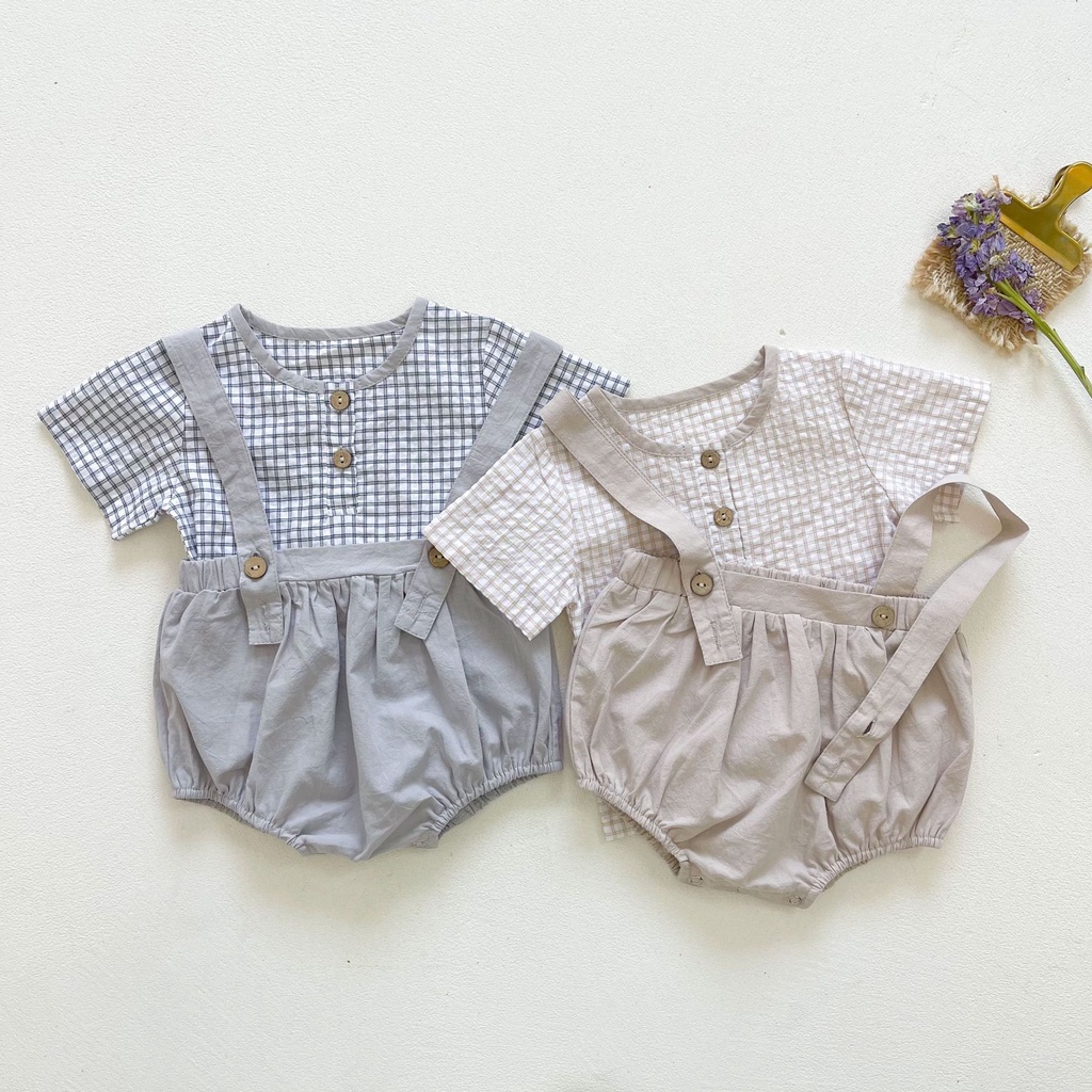 Bộ Áo Liền Quần Ngắn Tay Họa Tiết Caro Phong Cách Hàn Quốc Thời Trang Mùa Hè Cho Bé