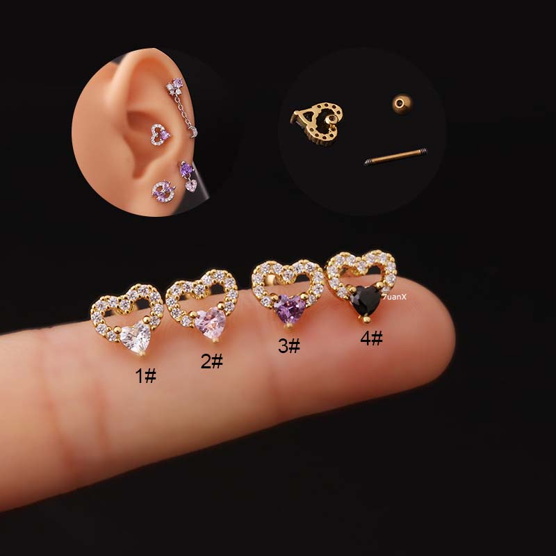 1 Khuyên Tai Hình Trái Tim Đôi Bằng Thép Không Gỉ Đính Đá Zircon 20G