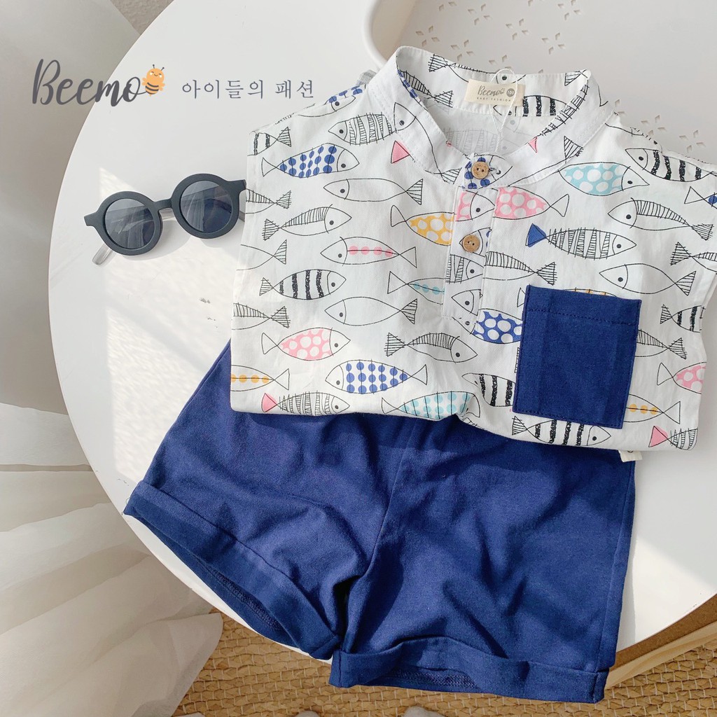 Set bộ cho bé Beemo -  chất liệu cotton mềm mịn, thiết kế dáng sơ mi cổ trụ cúc dừa 3 lỗ cùng hoạ tiết con cá B071