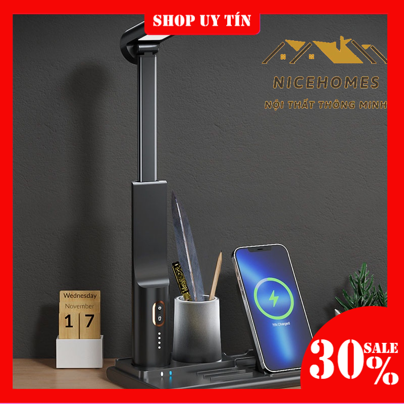 Đèn học để bàn tích điện kiêm sạc nhanh không dây,đèn bàn tiện ích,đèn đa năng hộp đựng bút NPR50