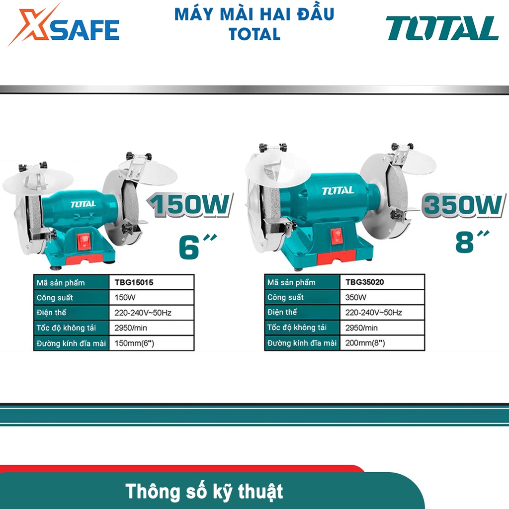 Máy mài 2 đá TOTAL TBG35020 350W kích thước đá mài 200mm, tốc độ không tải 2950v/p, kèm 1 bộ nắp che chắn - chính hãng