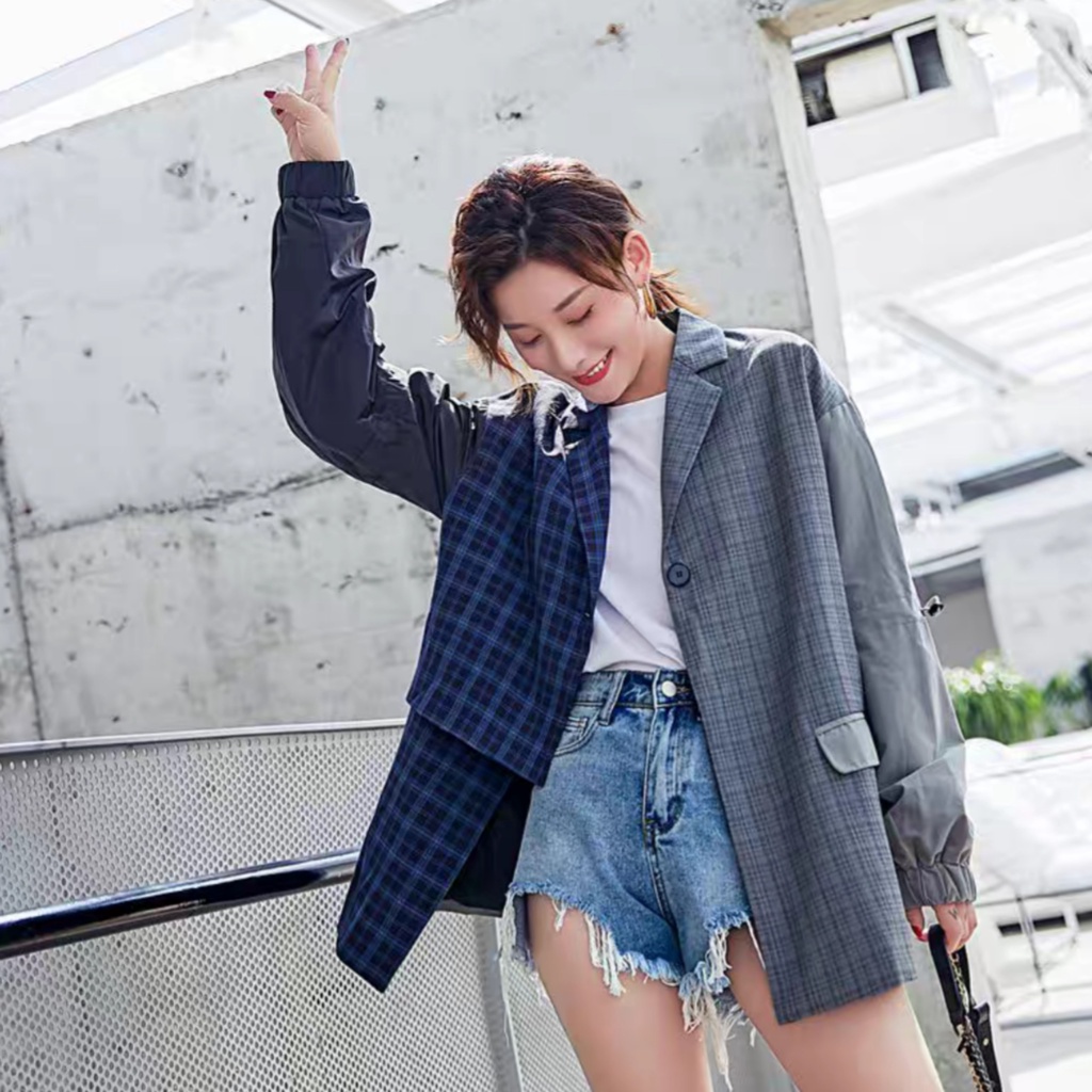 Áo khoác Blazer sọc Caro mix không cân xứng Unisex cho nam nữ thời trang độc đáo