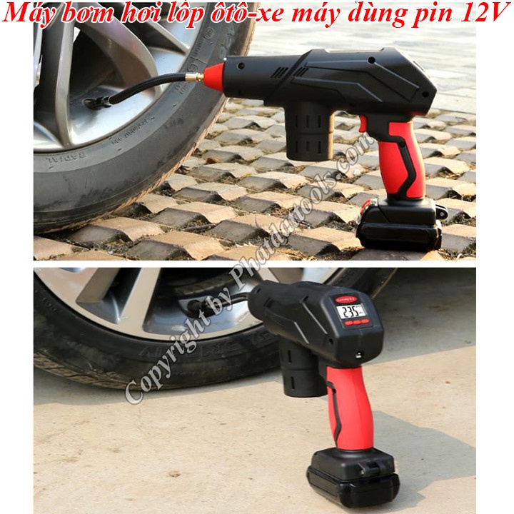 Máy Bơm Hơi Lốp Ôtô-Xe Máy Dùng Pin 12V - Màn Hình Hiển Thị Áp Lực Nén - Bơm Đa Năng, Hữu Dụng - Bảo Hành 6 Tháng